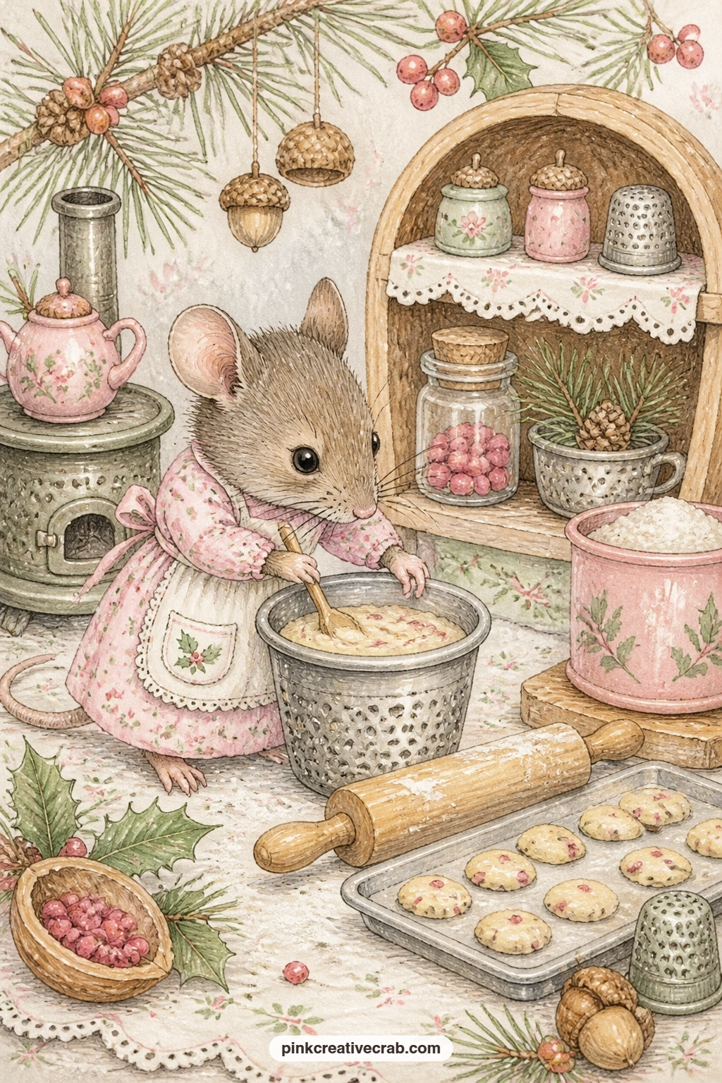 Mouse Baking In A Thimble Kitchen printable page — Pair baking in a tiny kitchen with a thimble bowl with one of the background papers further down this set