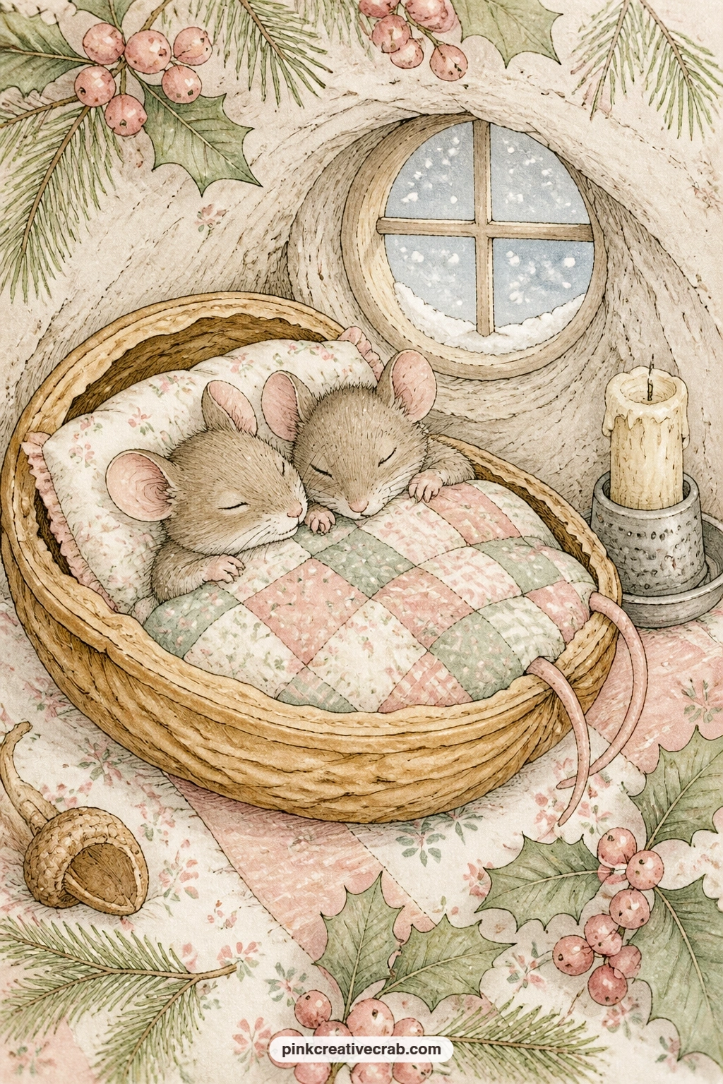 Two Mice Asleep In A Walnut Shell Bed printable page — Two mice curl up together in a walnut shell bed under a patchwork blanket, a candle stub burning low on
