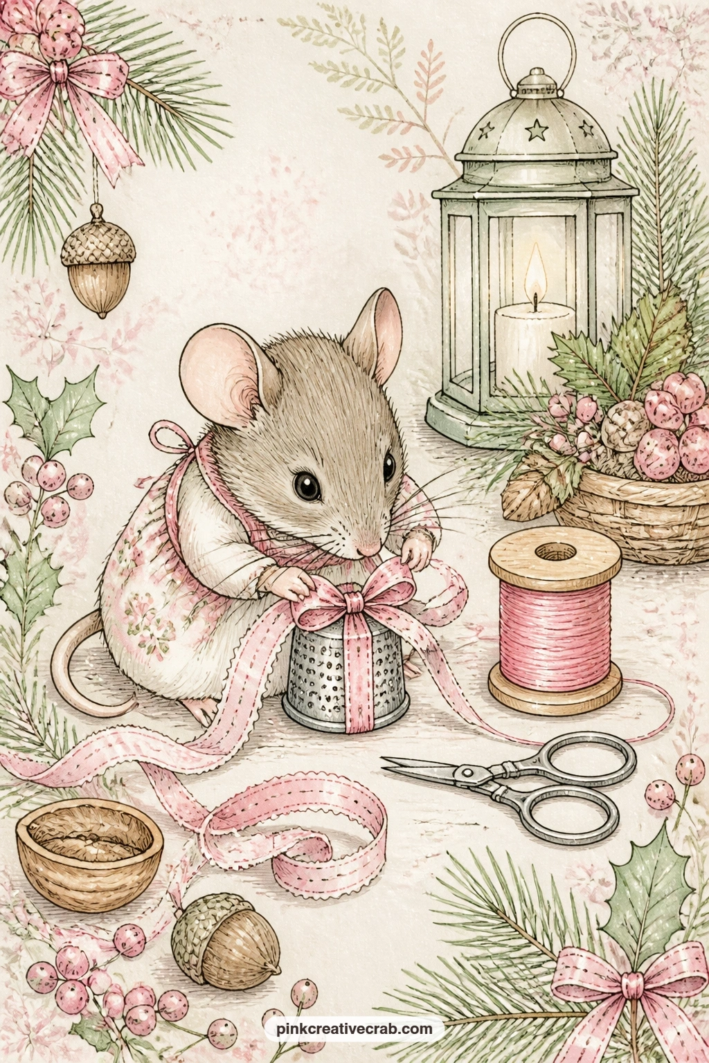 Mouse Wrapping A Thimble Sized Gift printable page — The usual trouble with a gift wrapping scene like this is letting the ribbon and thread spool crowd out