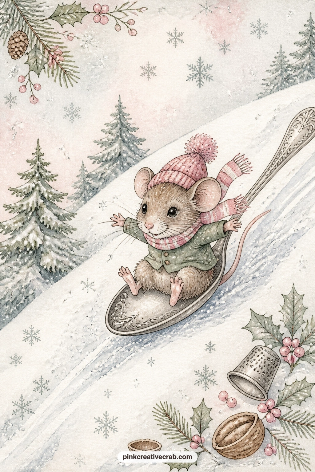 Mouse Sledding On A Silver Spoon printable page — Write the date of the first real snowfall, or the name of whoever still goes sledding every winter no matter