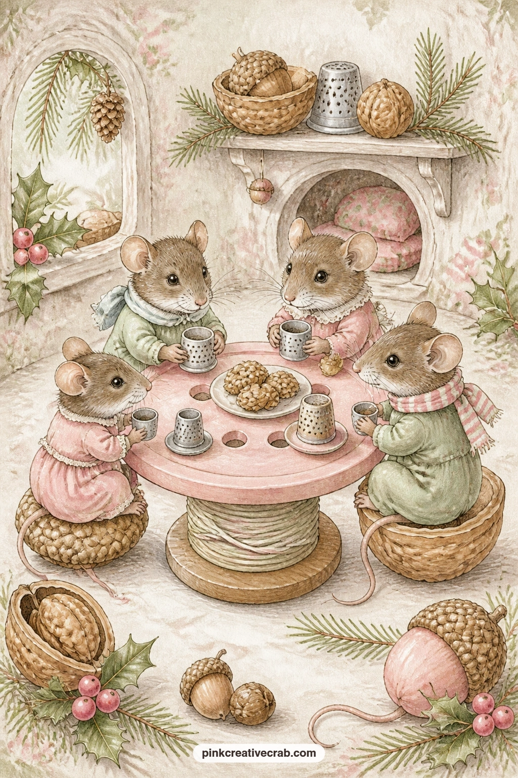 Mice Sharing Tea Around A Button Table printable page — Several mice gather for tea poured from thimble teacups set on a table made from a large button, a