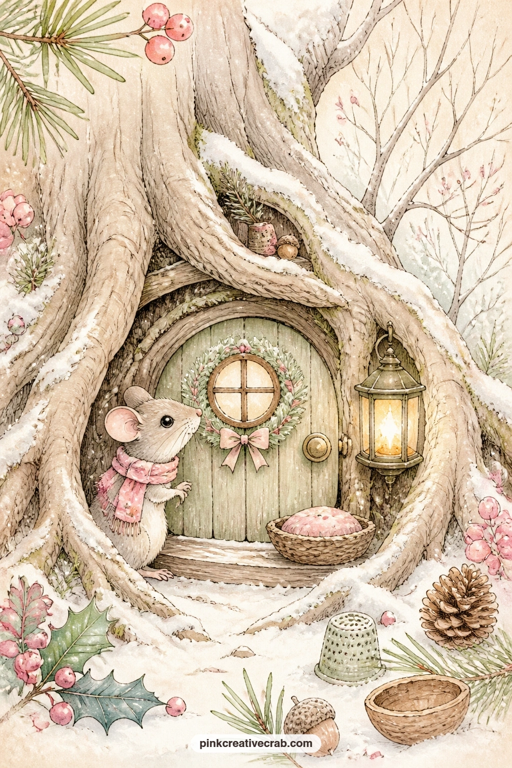 Mouse House In A Tree Root printable page — Tear the edge of this page roughly by hand before gluing it in, so the torn line echoes the rough bark of the tree