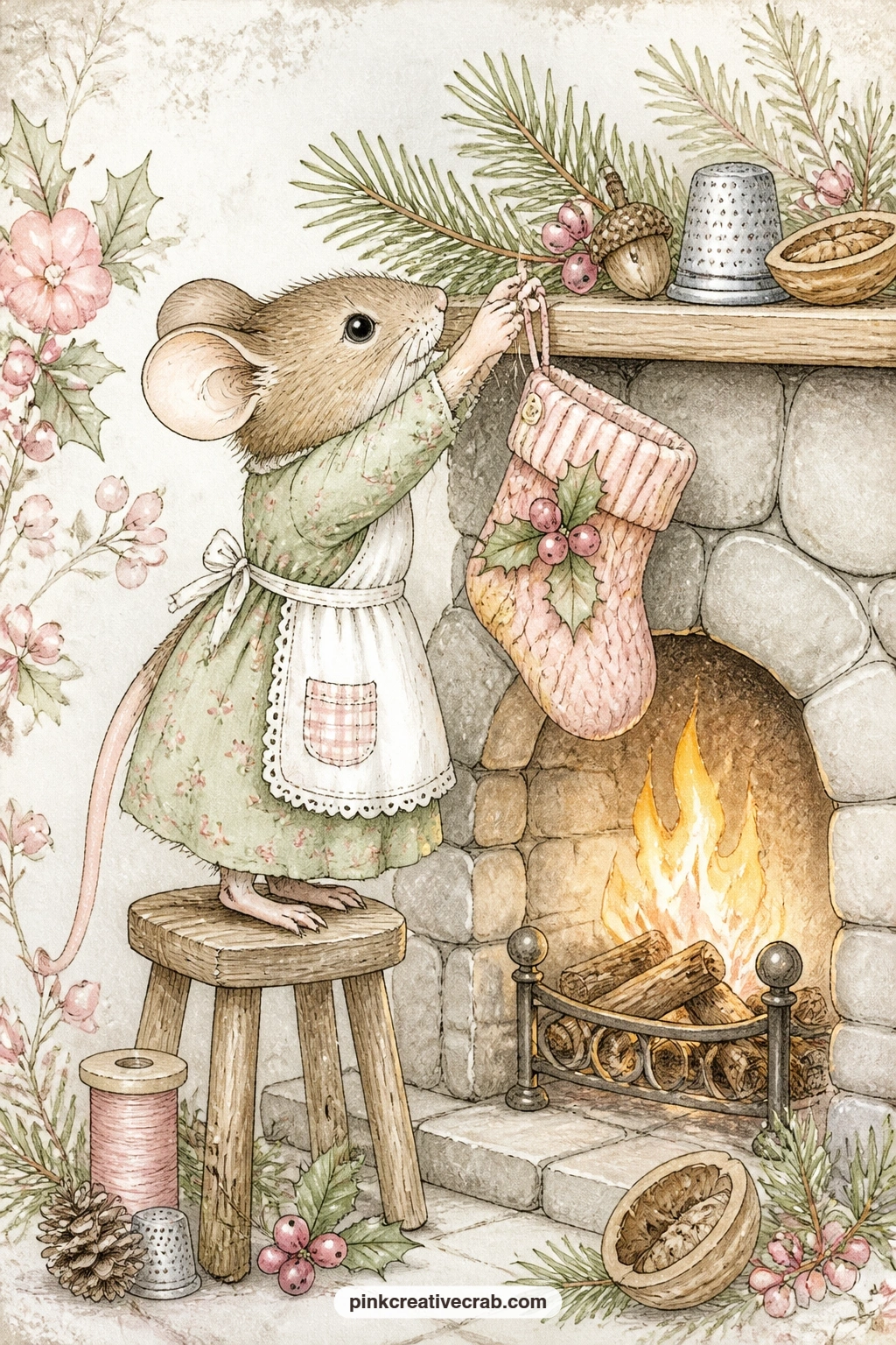 Mouse Hanging A Mitten Stocking printable page — The five minute version of this page just needs the mouse and the little hearth sketched in loosely with the
