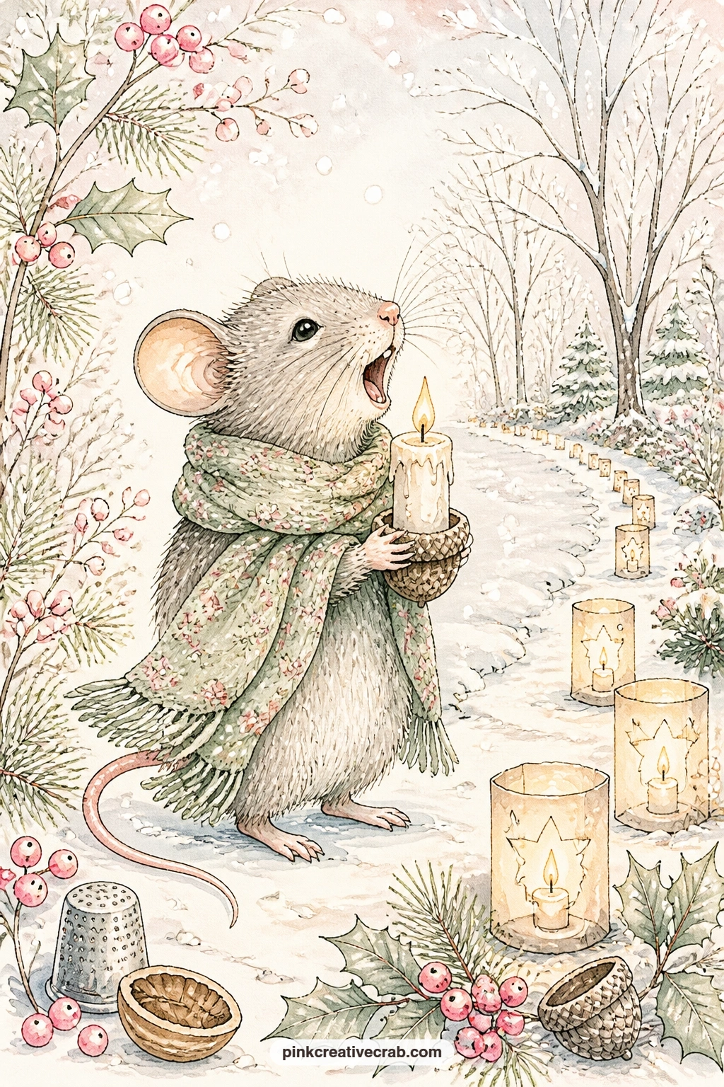 Mouse Caroling In The Snow printable page — A candle stub and a woolen scarf keep this little mouse warm while caroling out in the drifting snow, a string of