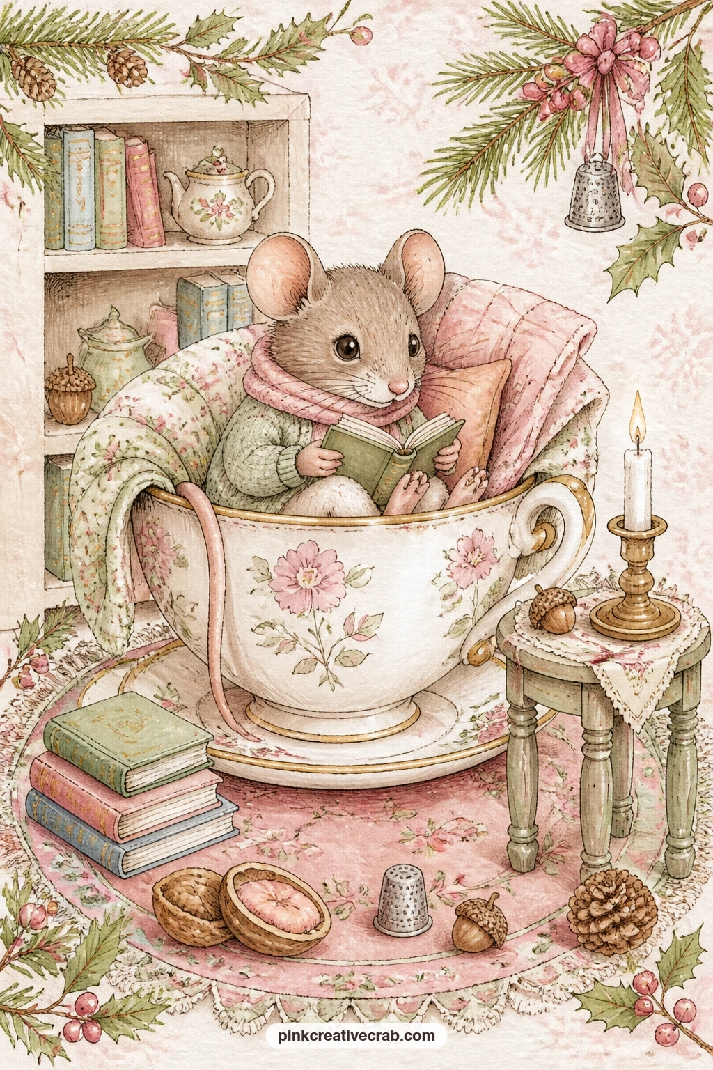 Mouse Reading In A Teacup Chair printable page — This page suits anyone building a gift journal for the reader of the family, the one who always has a book