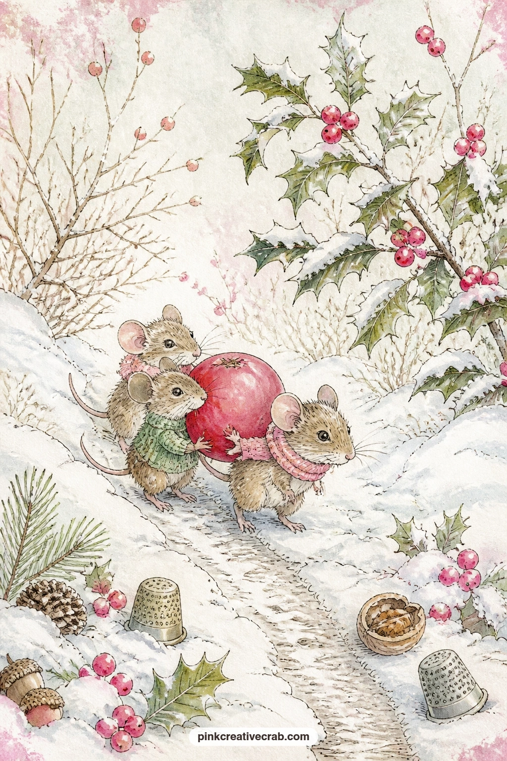 Mice Carrying A Holly Berry Home printable page — Two or three mice work together to carry a single holly berry home through the snow, each one gripping a