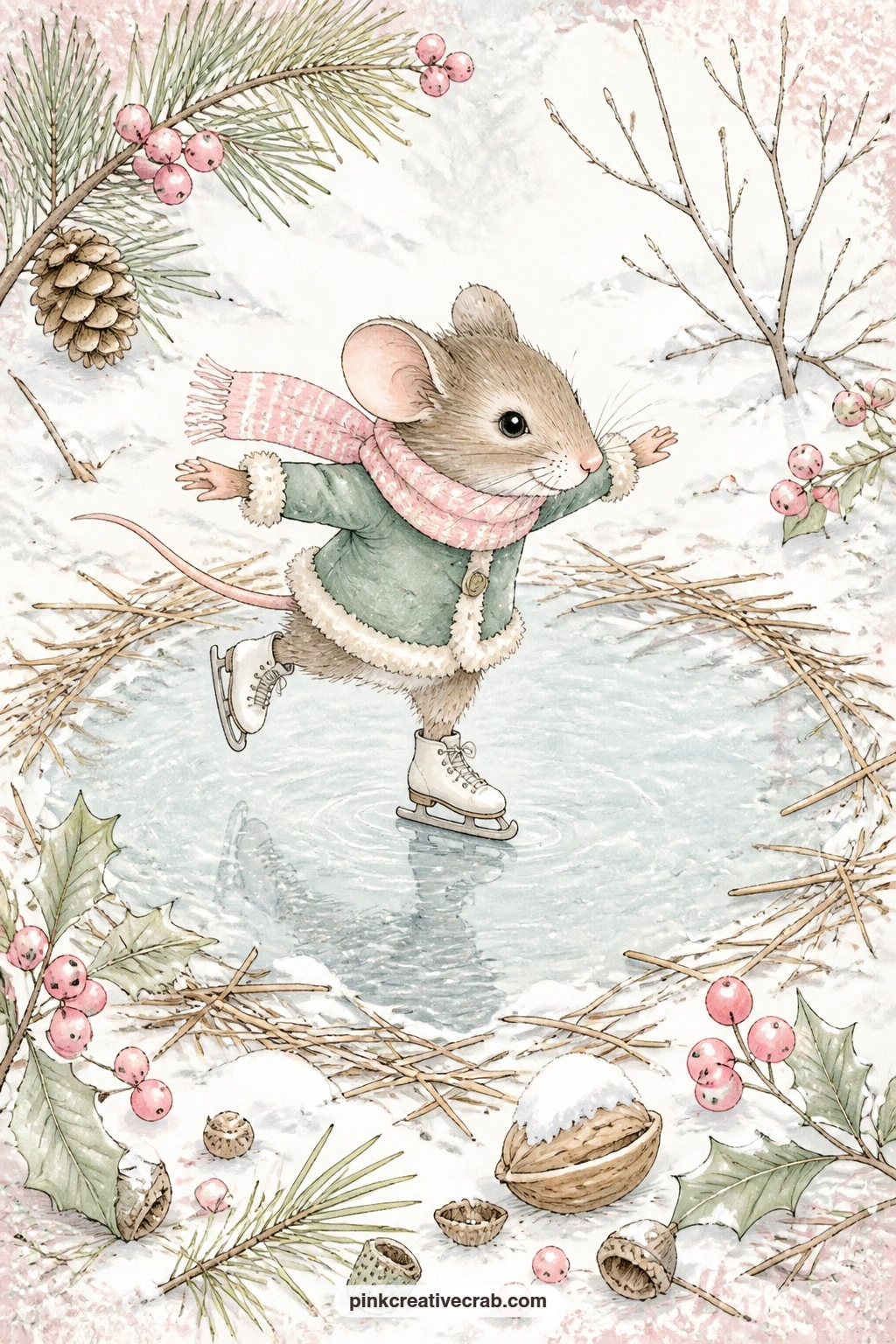 Mouse Ice Skating On A Frozen Puddle printable page — Skating here happens on nothing grander than a frozen puddle ringed with fallen pine needles, which