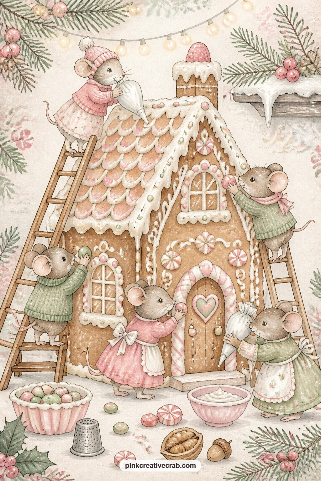 Mice Decorating A Gingerbread House printable page — Glue a real gingerbread recipe clipping or a short ingredient list straight onto this page, since the