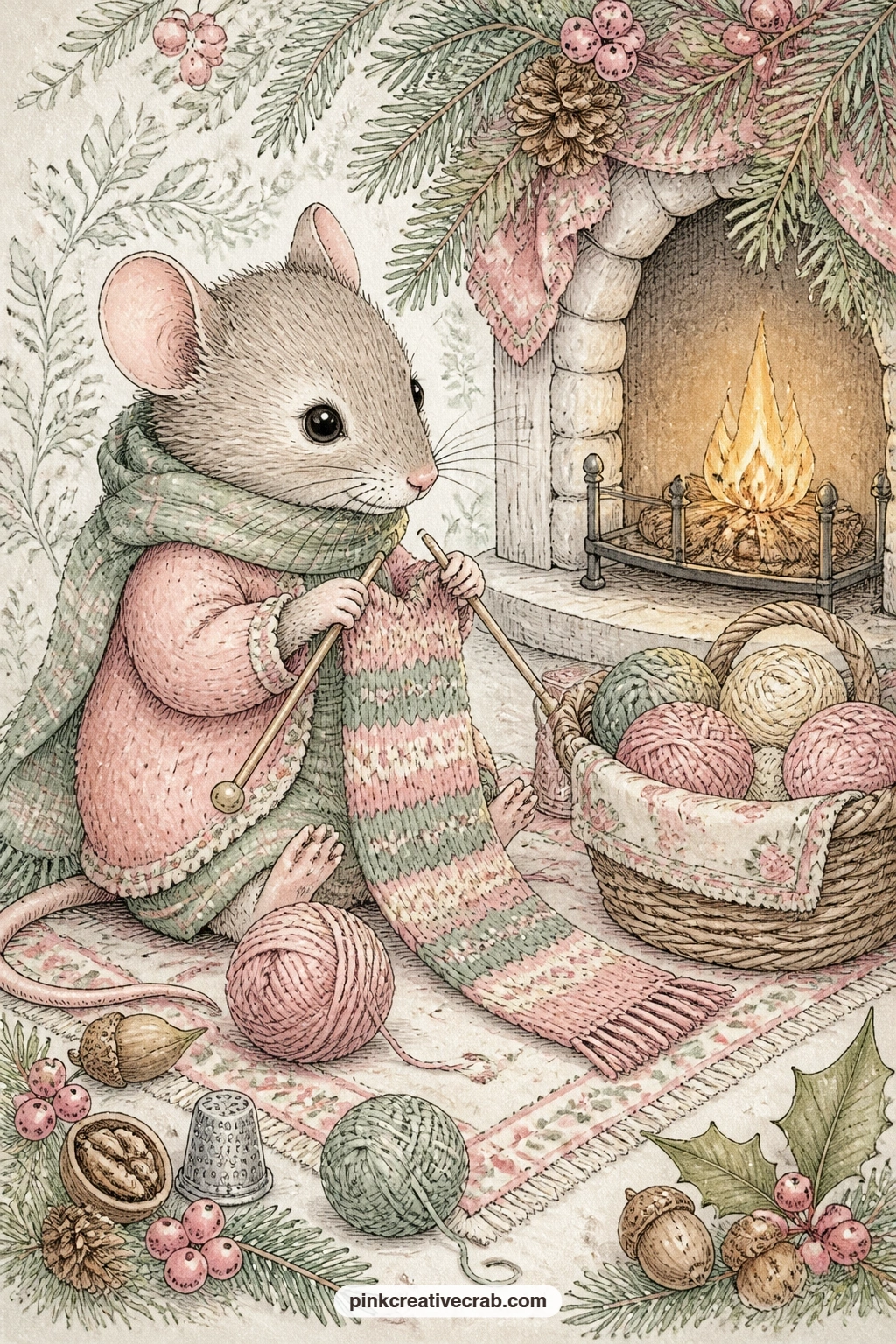 Mouse Knitting By A Tiny Fire printable page — Knitting a scarf by firelight, with balls of yarn rolling loose at its feet, this little mouse settles into a