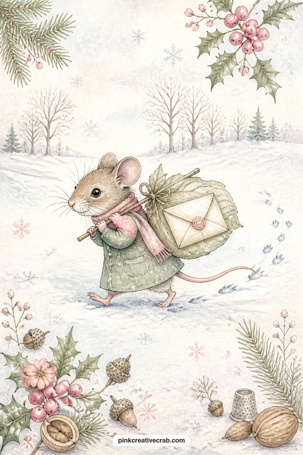 Mouse Delivering A Letter Through Snow printable page — Fold this page in half like an envelope before gluing in one edge, so it opens like a little flap, and