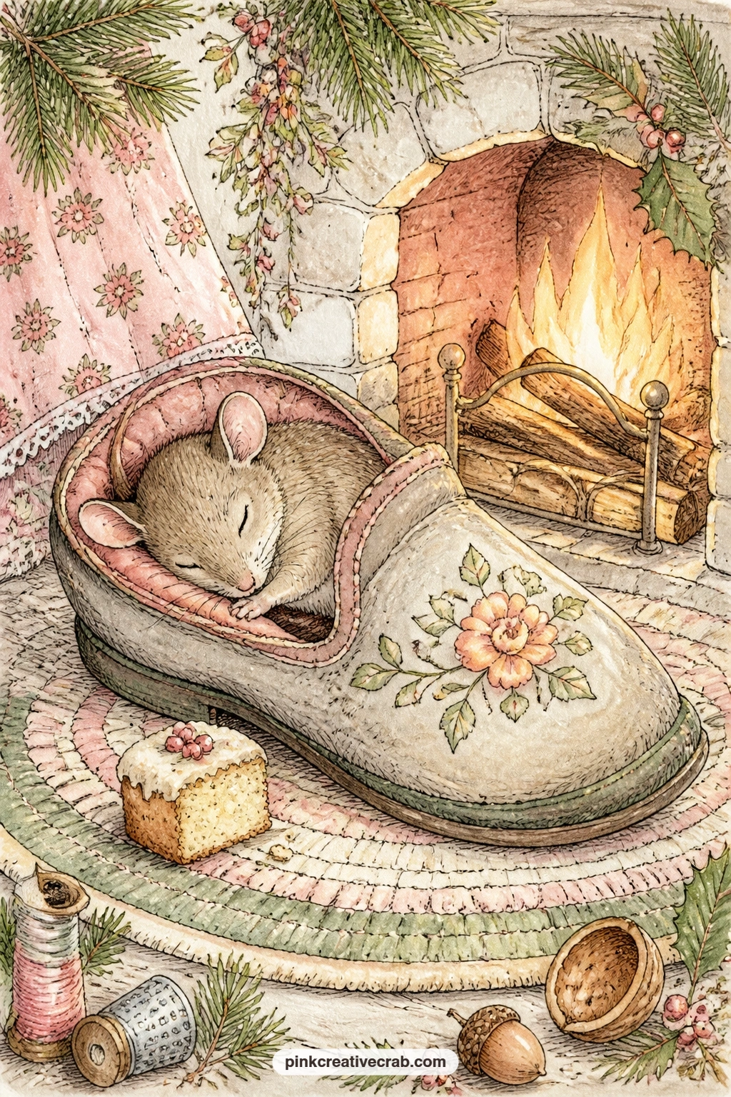 Mouse Asleep In A Slipper By The Fire printable page — Curled into an old slipper by the fireplace, crumb of cake still beside it, this mouse has clearly had