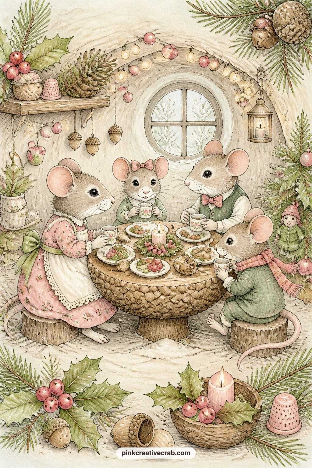 Mouse Family Dinner At An Acorn Table printable page — Pin this page beside the button table tea scene earlier in the set, so the two gatherings sit across