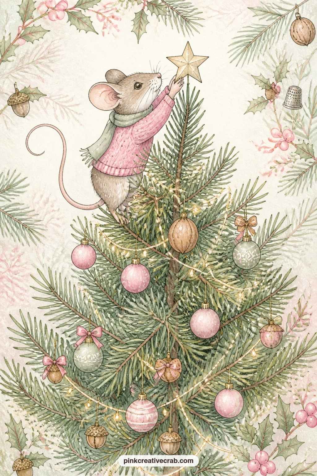 Mouse Climbing To Place The Star printable page — Right at the very top of a towering pine sprig tree, this small mouse stretches to set the star in place