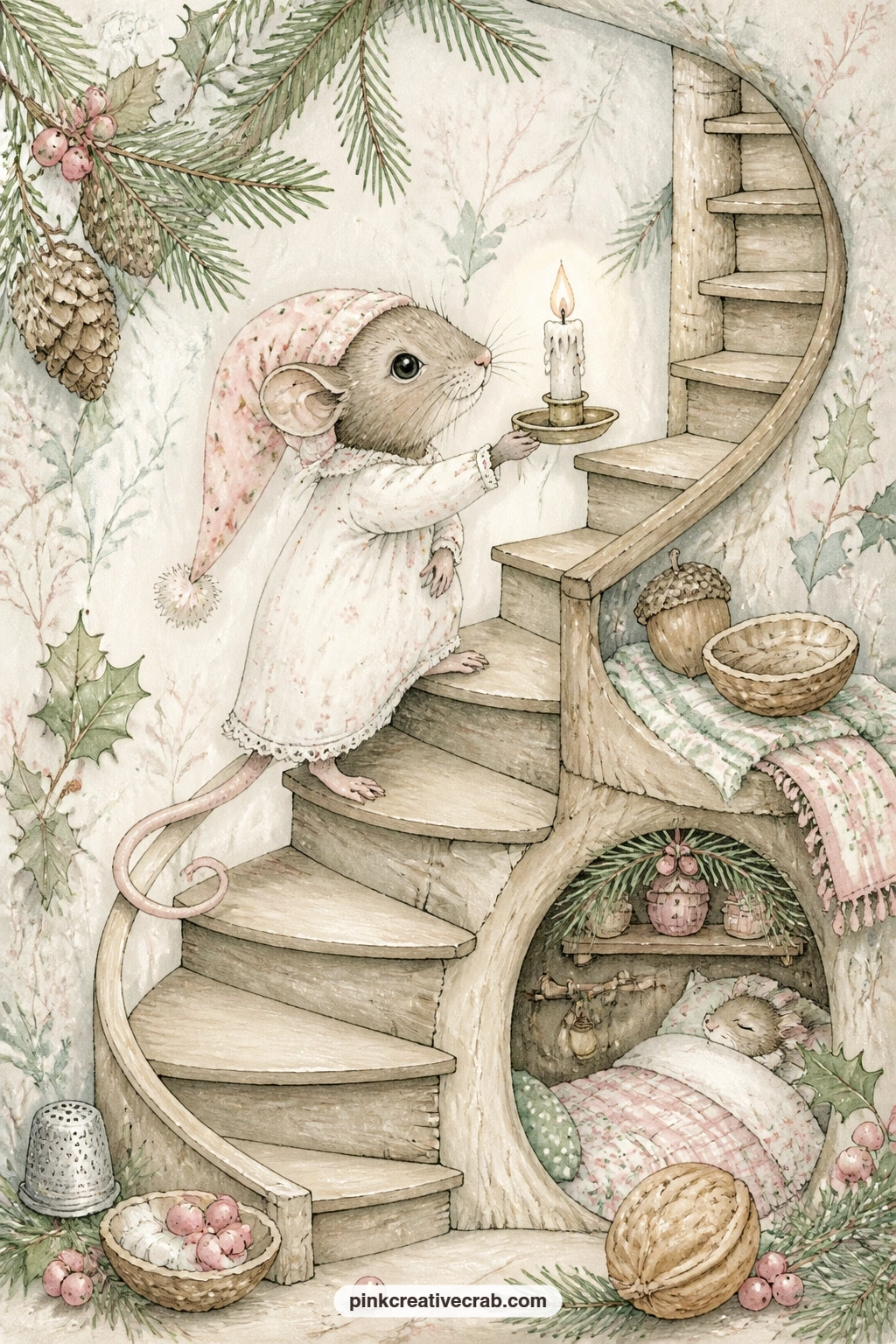 Mouse In A Nightcap On The Stair printable page — A common slip with a night scene like this is painting the stairway too brightly, which flattens the cosy