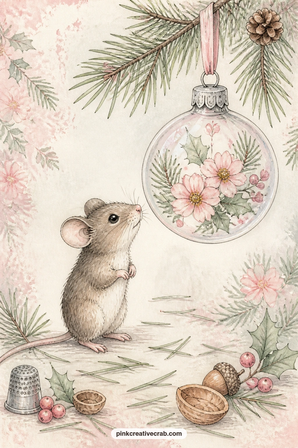Mouse Admiring A Glass Ornament printable page — Nearly as tall as the little mouse itself, this glass ornament hangs low on the tree, catching every bit of