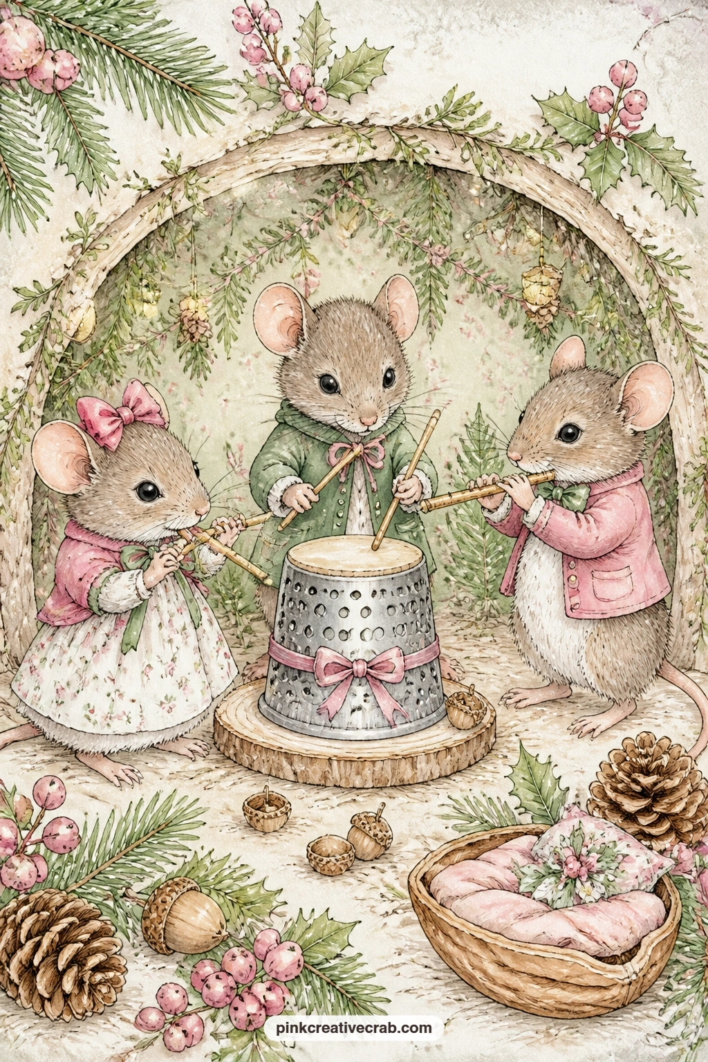 Mouse Band With Thimble Drum printable page — Close out the scene pages with a little mouse band, one playing a thimble turned drum and others piping away on