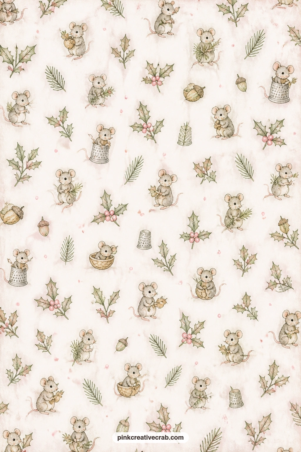 Tiny Mouse And Holly Pattern printable page — Scattered tiny mice and holly sprigs repeat edge to edge in soft sage and blush, perfect for lining a pocket
