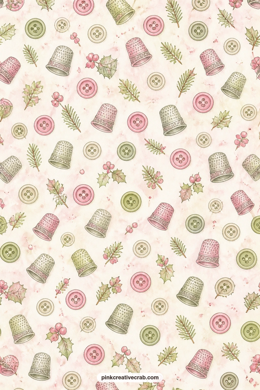 Thimble And Button Scatter Pattern printable page — Thimbles and buttons tumble across this paper in a loose repeating scatter, handy as a pocket lining, a