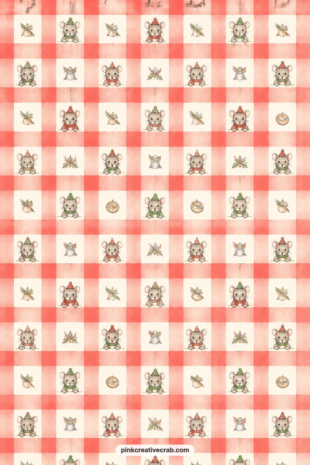Red Gingham With Little Mice Background Paper printable page — Small mice peek between the checks of a soft red gingham, a good match under a baking photo, as