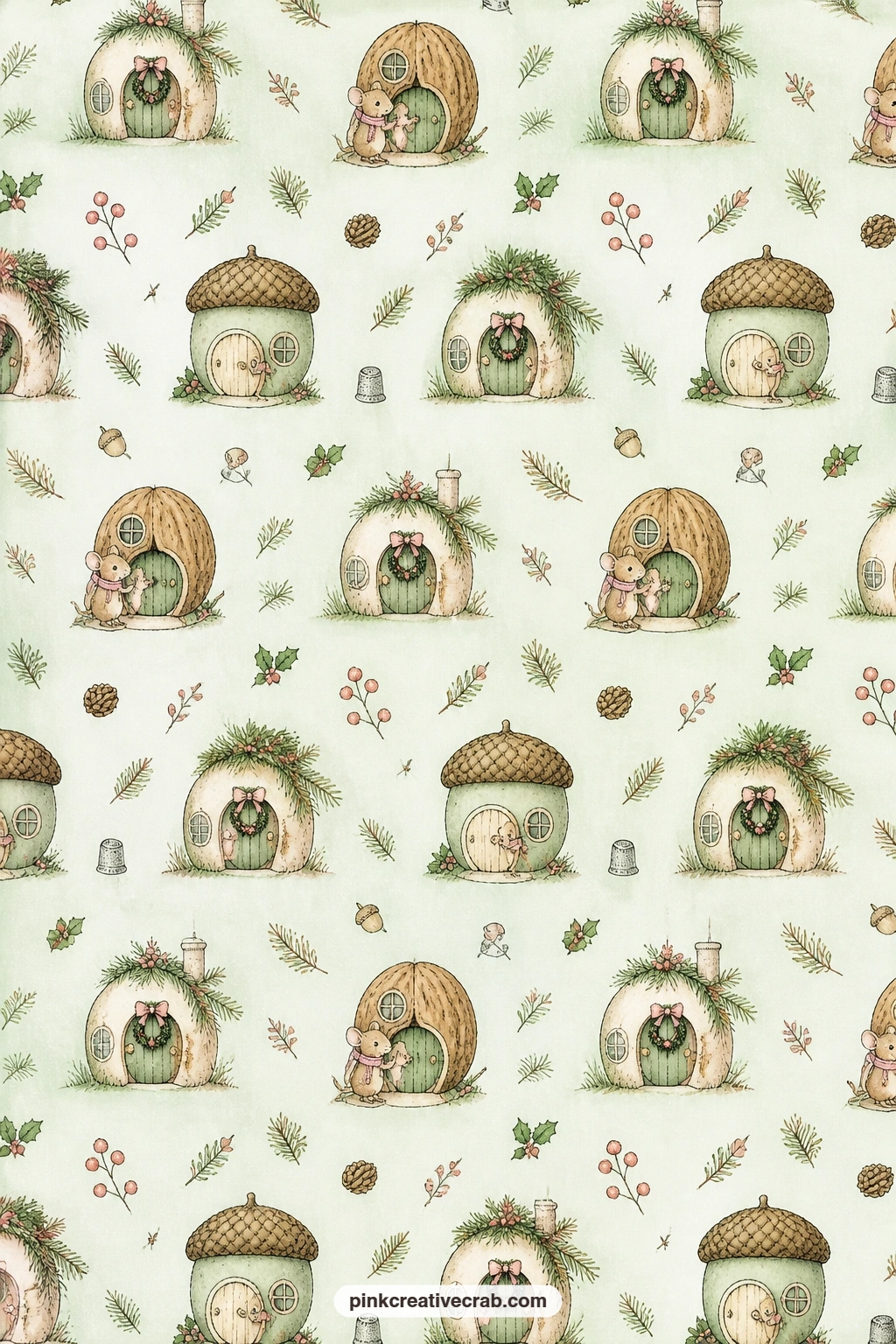Pale Green Mouse House Wallpaper Background Paper printable page — Tiny mouse houses repeat like wallpaper in soft pale green, ideal behind a family photo, as