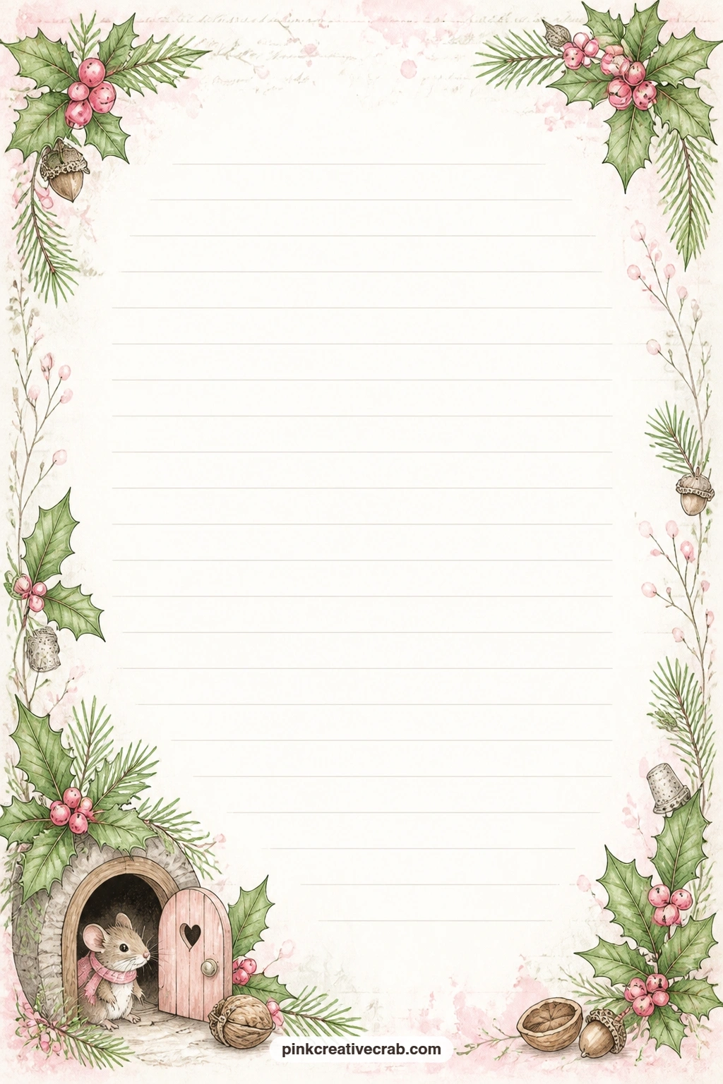 Mouse Hole And Holly Corner Lined Page printable page — Corner sprays of holly and a tiny mouse hole frame this page, leaving the ruled lines free for a gift