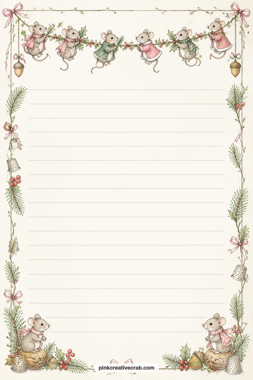 Mice On A Garland Band Lined Page printable page — A band of tiny mice strung along a garland runs across the top of the page, leaving the lined space below