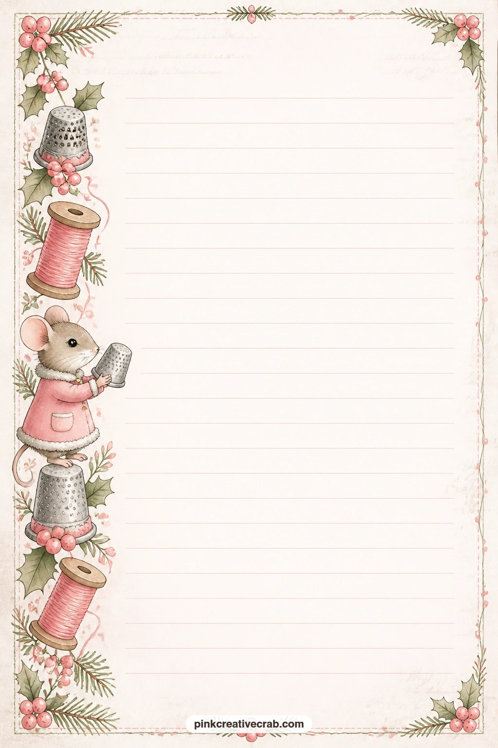 Thimble And Thread Spool Side Lined Page printable page — Thimbles and a spool of thread run down one side of the page like a ribbon, leaving room on the lined