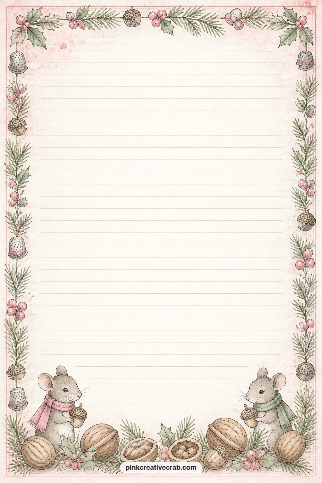 Walnut Shell Footer Lined Page printable page — A row of walnut shells and acorn caps sits along the bottom edge like a footer, the rest of the page kept clear
