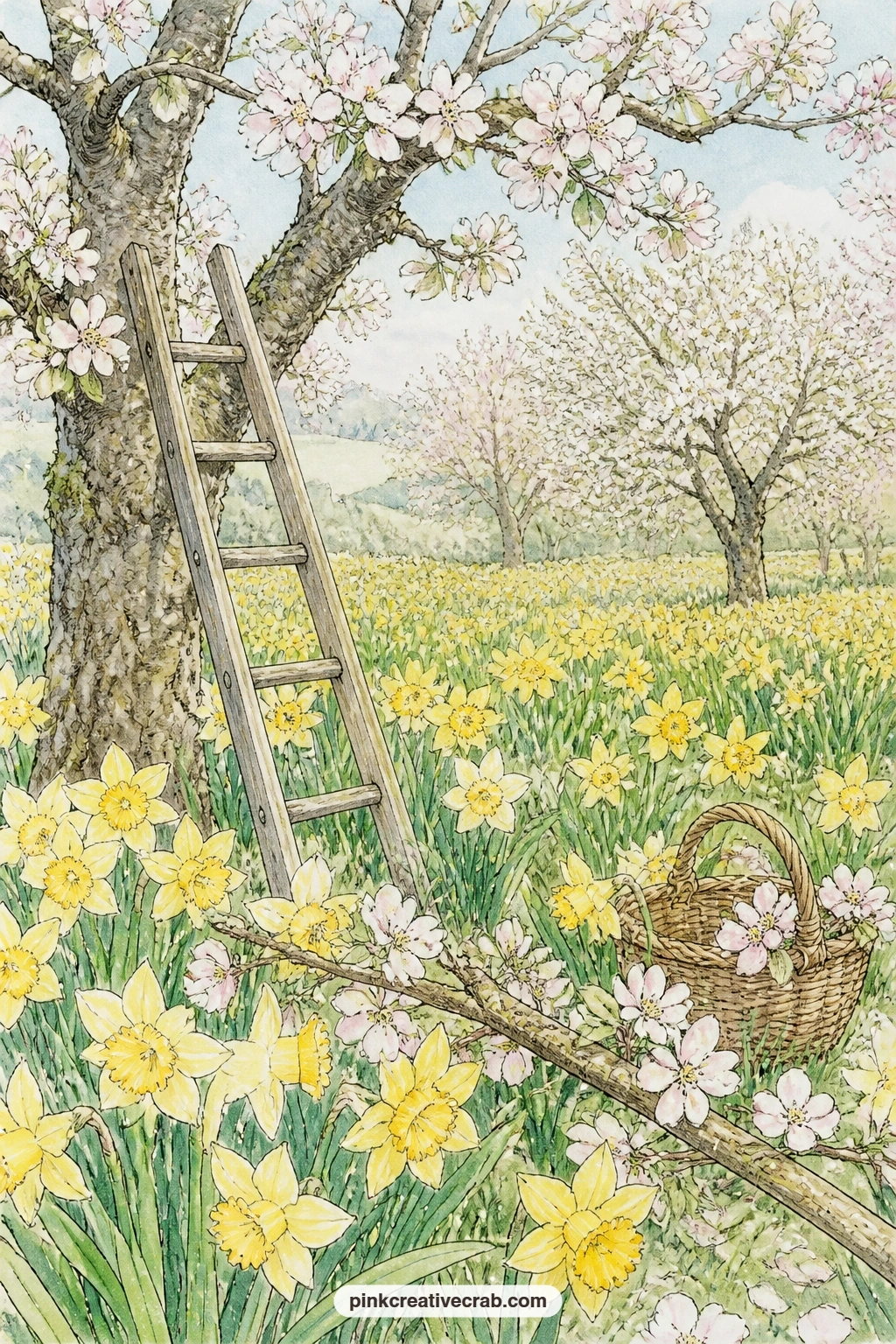 Orchard Daffodils And Ladder printable page — Nodding daffodils spread beneath blossoming orchard trees, with a wooden ladder leaning against a trunk for the
