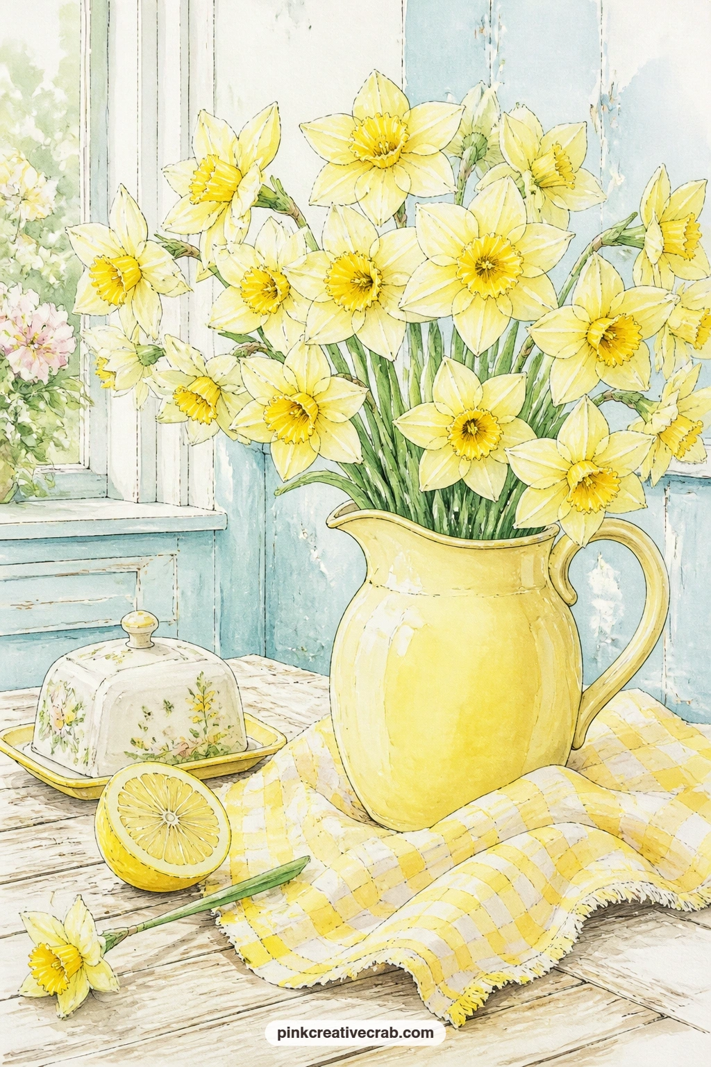 Daffodils In Yellow Jug printable page — Pair this page with the cream daffodil background later in the set: slip a strip of it behind the jug as a tucked-in