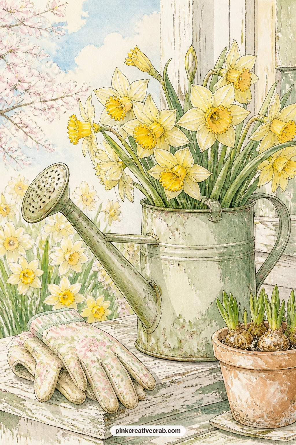 Watering Can On Porch Step printable page — Try tea-staining just the bottom edge of this page before gluing it in, then letting the stain fade upward so the