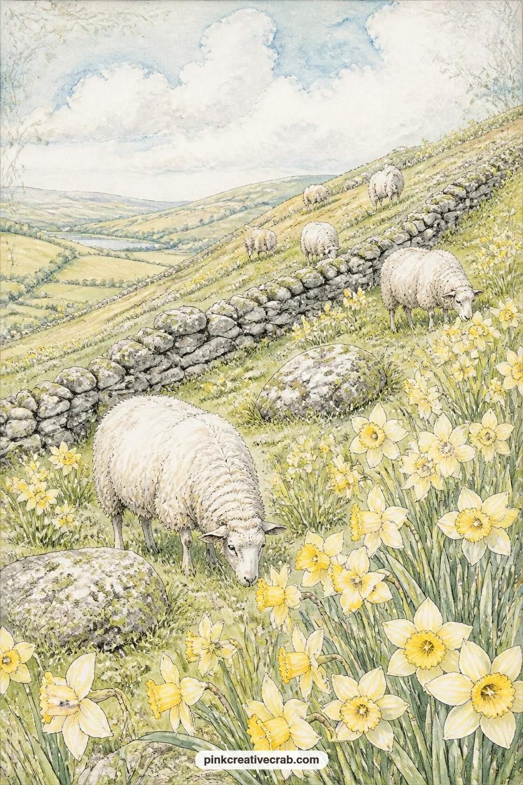 Sheep On Daffodil Hillside printable page — Grazing sheep dot a hillside thick with wild daffodils, rolling down toward a low stone wall under a wide painted