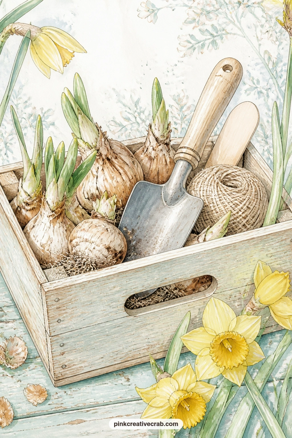 Bulbs And Trowel In Crate printable page — The easy mistake here is crowding the crate until it looks like clutter rather than a tidy still life. Daffodil junk