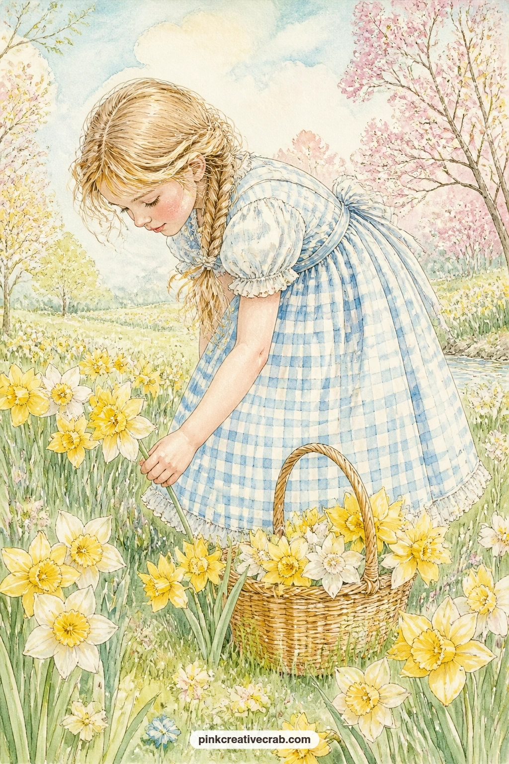 Girl Picking Daffodils printable page — This page suits a daughter or granddaughter's page in a gift journal, the kind of spread she can look back on each