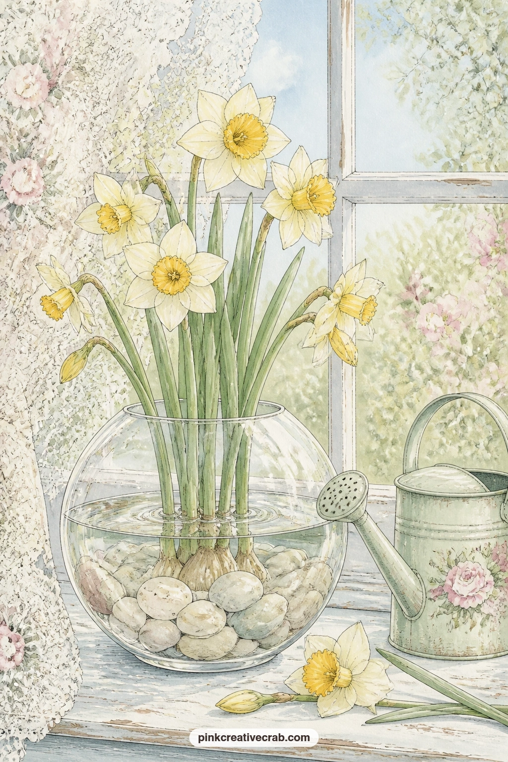 Narcissus Bowl On Windowsill printable page — What small ritual does this windowsill mark for you, the first bulbs forced indoors, a birthday, the start of the