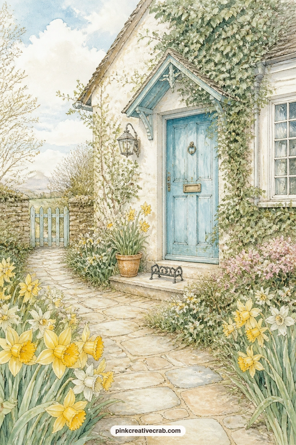 Cottage Path To Blue Door printable page — Daffodils line both sides of a stone path leading to a cottage door painted a soft, faded blue, with ivy climbing