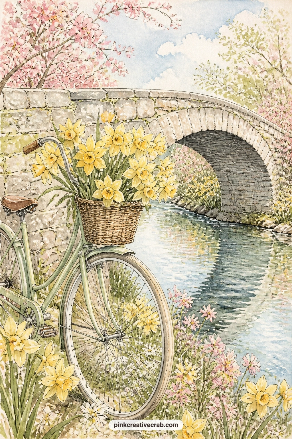 Bicycle Basket By Stone Bridge printable page — A basket of daffodils rests on a bicycle parked by an old stone bridge, with a river glinting below and
