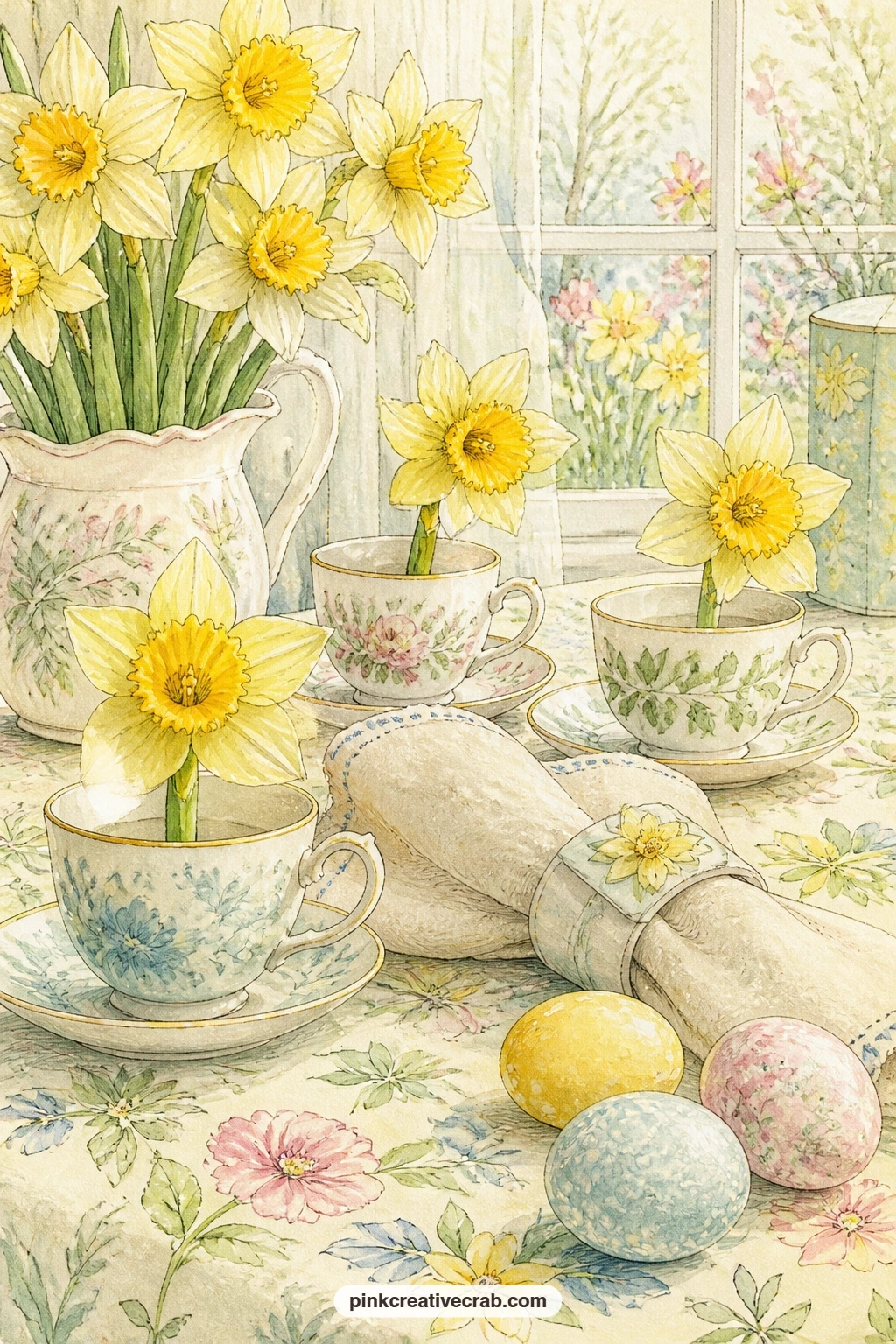 Teacups On Easter Table printable page — Keep this one for the week of Easter itself: tuck in a place card with a guest's name, or a folded grace card to read