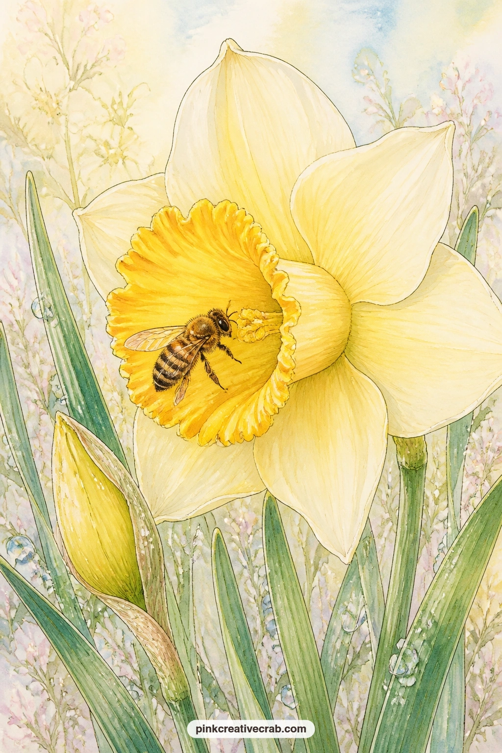 Bee On Trumpet Daffodil printable page — The five minute version of this page needs only the one daffodil trumpet and the bee resting on its rim, with a quick