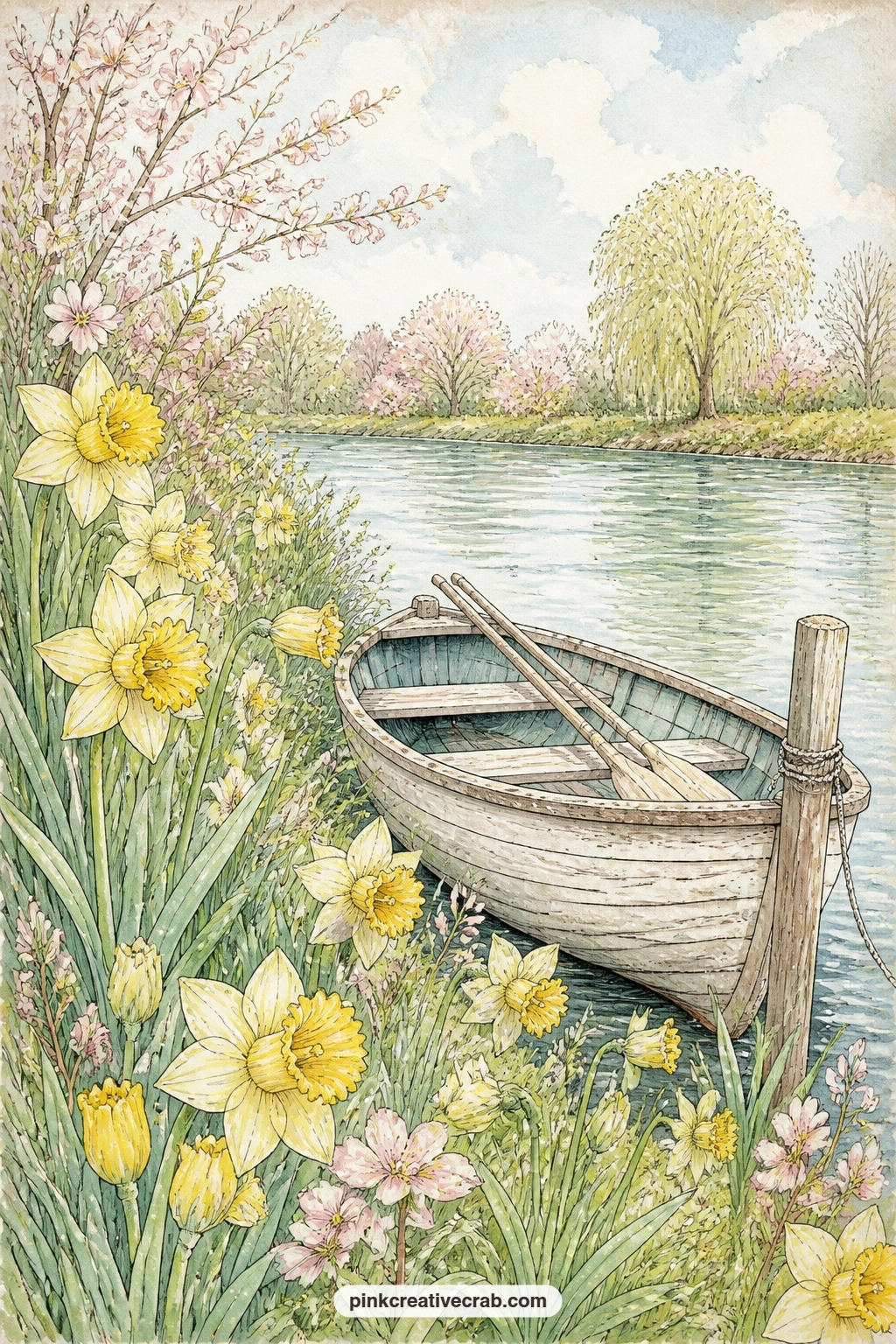 Riverbank Daffodils And Rowing Boat printable page — Daffodils crowd the riverbank where an old rowing boat sits tied to a wooden post, its oars resting across