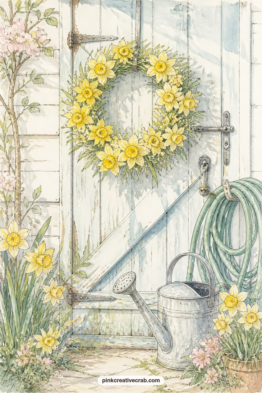 Daffodil Wreath On Shed Door printable page — A daffodil wreath hangs on a weathered garden shed door, with a watering can and a coil of hose leaning against