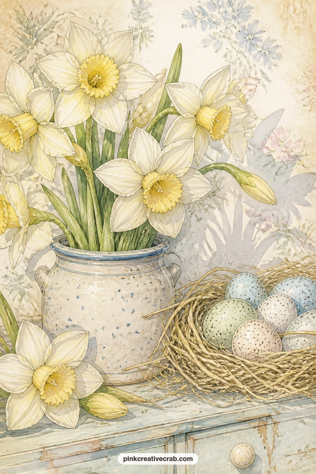 Cream Daffodils And Eggs printable page — The common mistake with pale cream daffodils is painting them so close to white that they vanish against the paper.