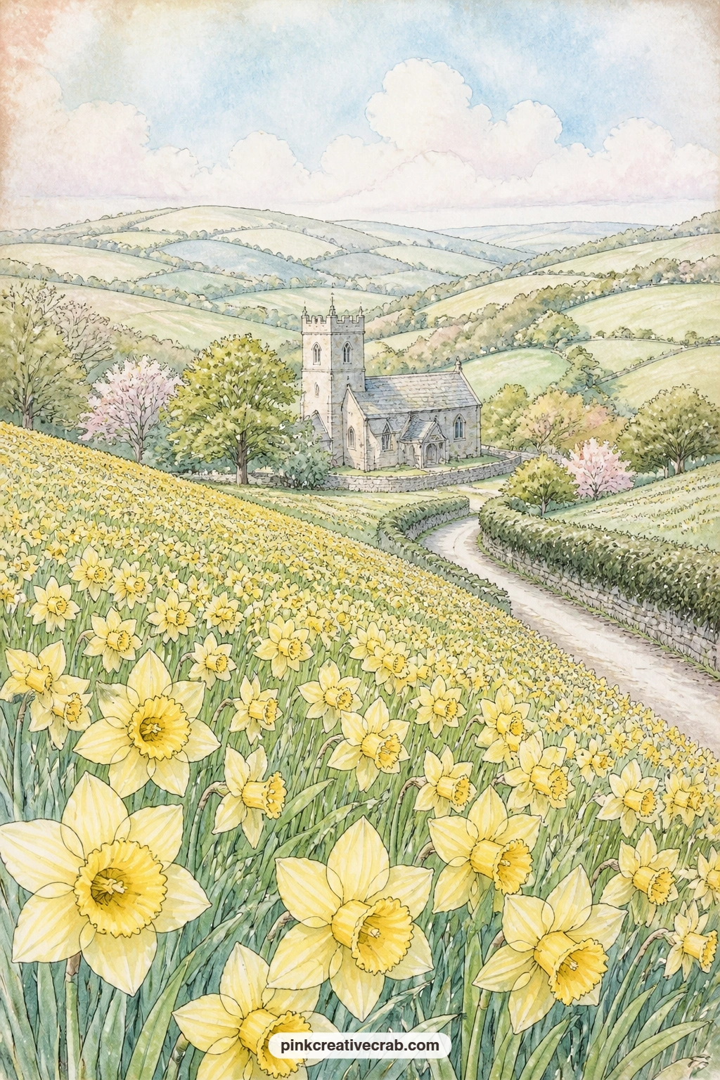 Daffodil Field And Stone Church printable page — A daffodil field rolls gently down to a small stone church standing in the valley below, its spire catching