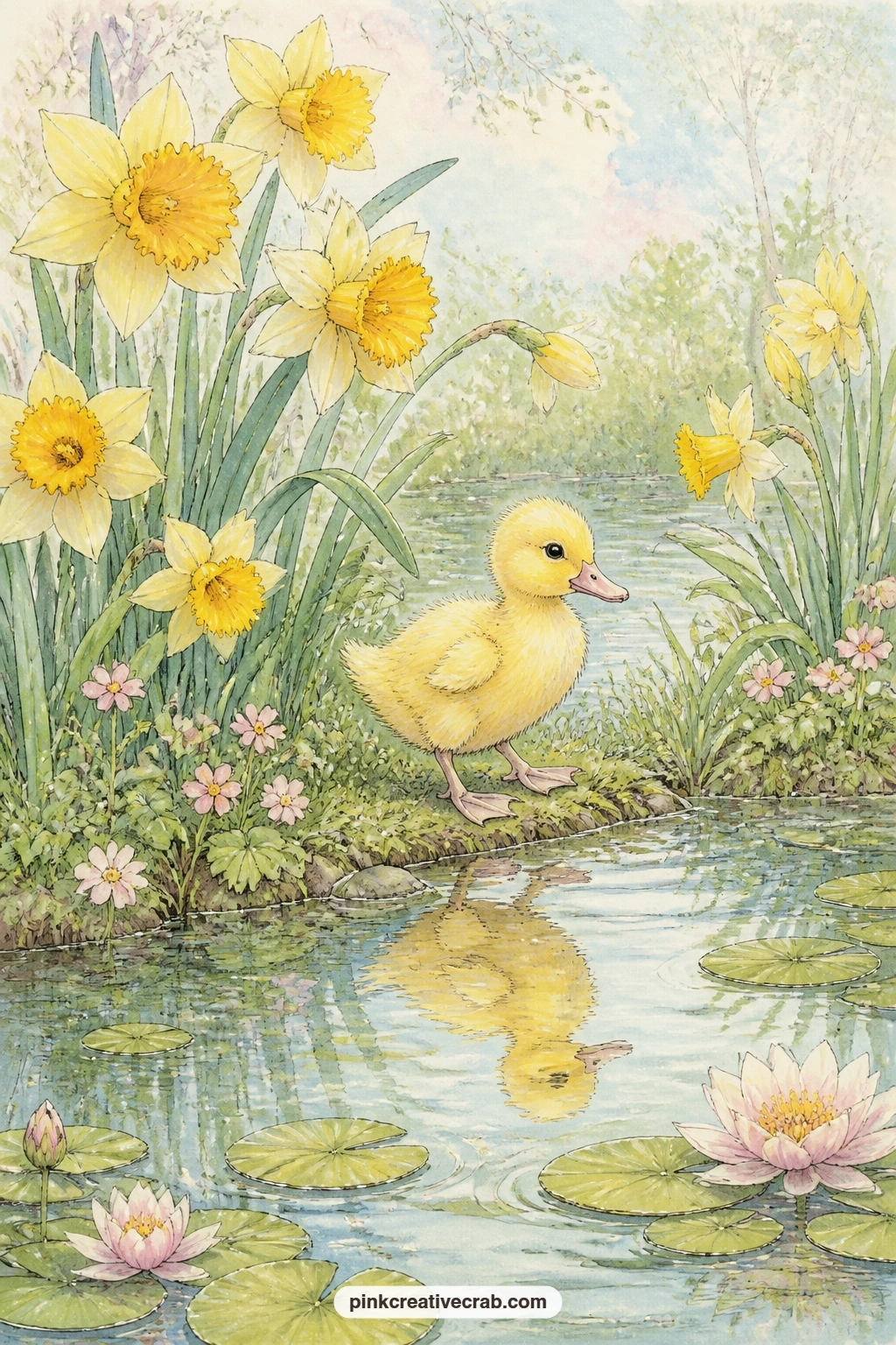 Duckling Among Pond Daffodils printable page — One small duckling wanders among daffodils growing at the edge of a quiet pond, close enough to the water to