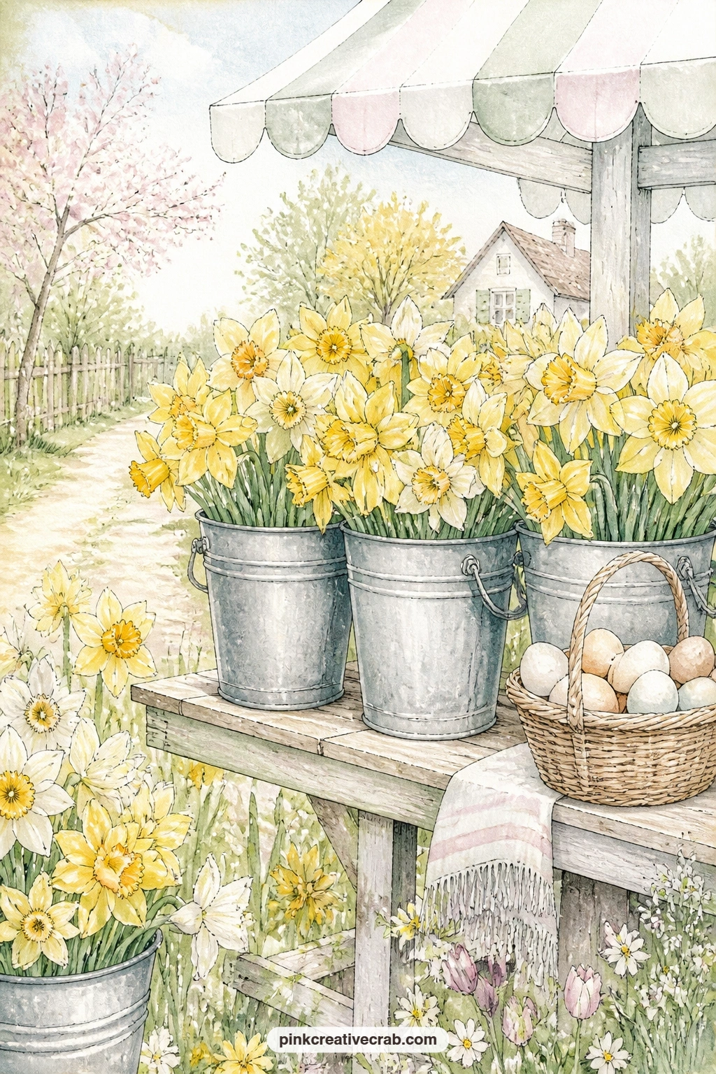Zinc Buckets At Farm Stand printable page — Write the day's prices on this page the way a farm stand chalkboard would: a dozen eggs, a bunch of daffodils, a