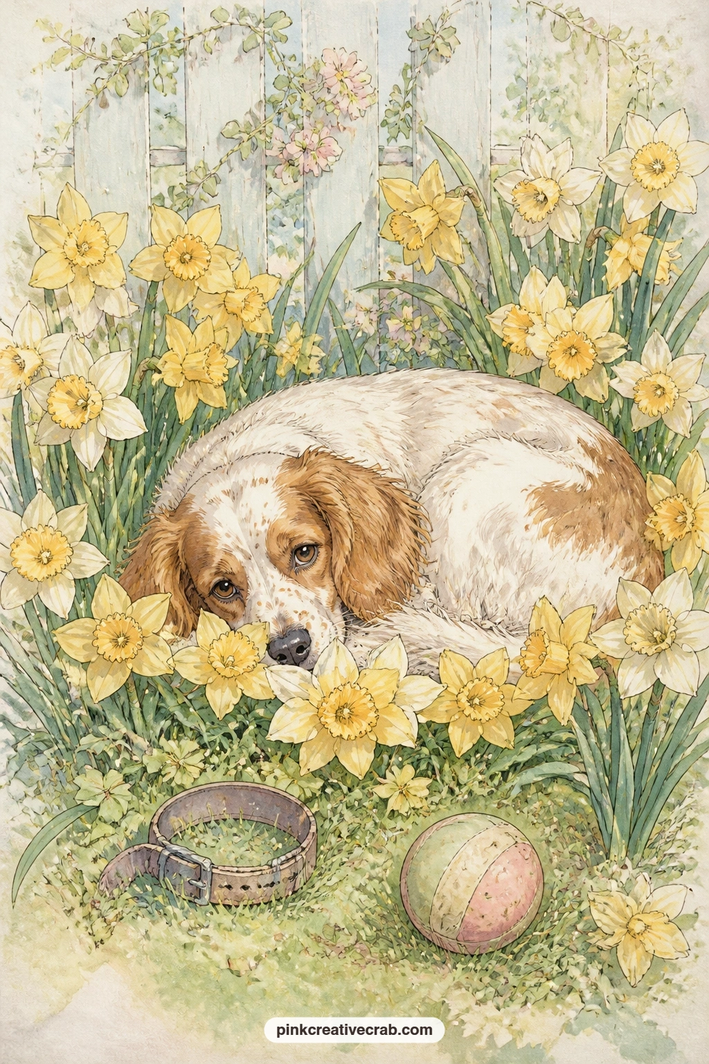 Dog In Daffodil Bed printable page — A dog lies curled in a bed of daffodils in a garden corner, a ball and a worn collar resting in the grass beside it.
