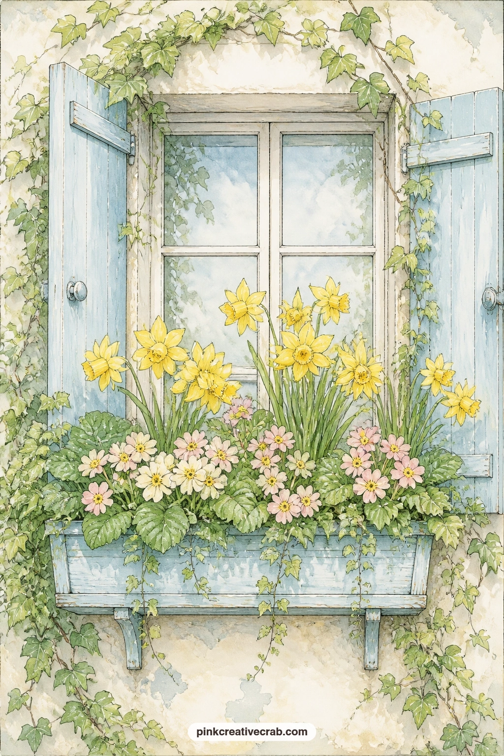 Window Box Daffodils And Primroses printable page — Daffodils and primroses crowd a cottage window box together, with painted shutters and climbing ivy framing