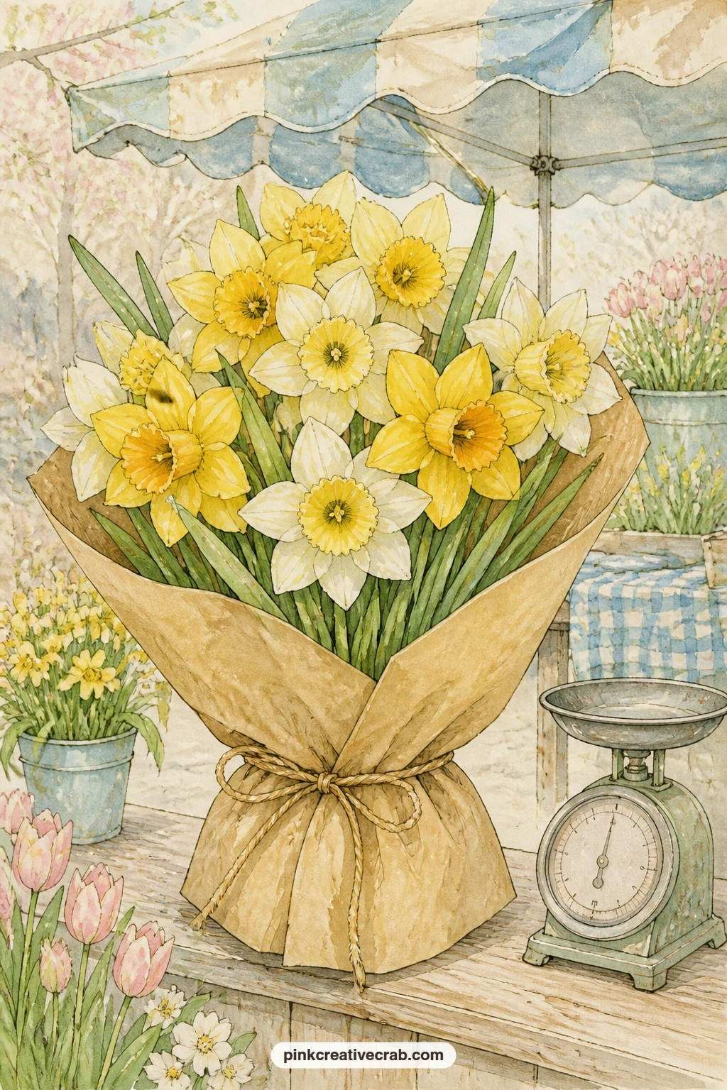 Market Bouquet In Brown Paper printable page — Beginners can keep this one simple: one bouquet, one sheet of brown paper, one string tie, nothing else on the