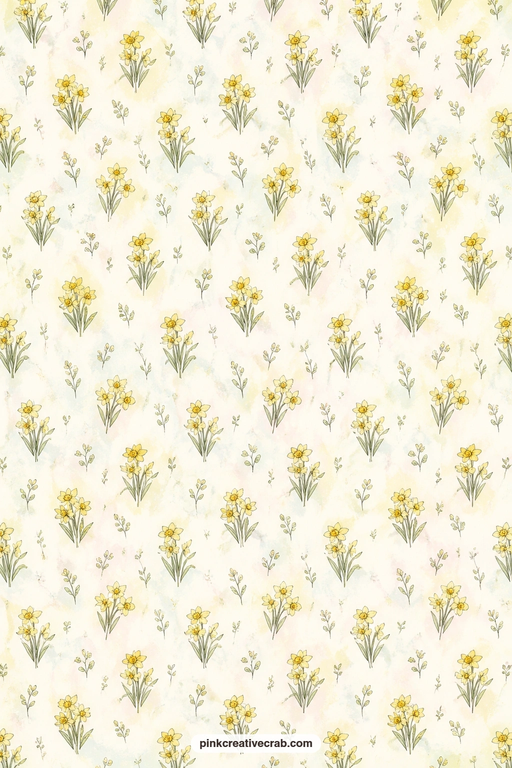 Tiny Daffodils Cream Pattern printable page — Small scattered daffodil sprigs repeat edge to edge across cream paper. Daffodil junk journal