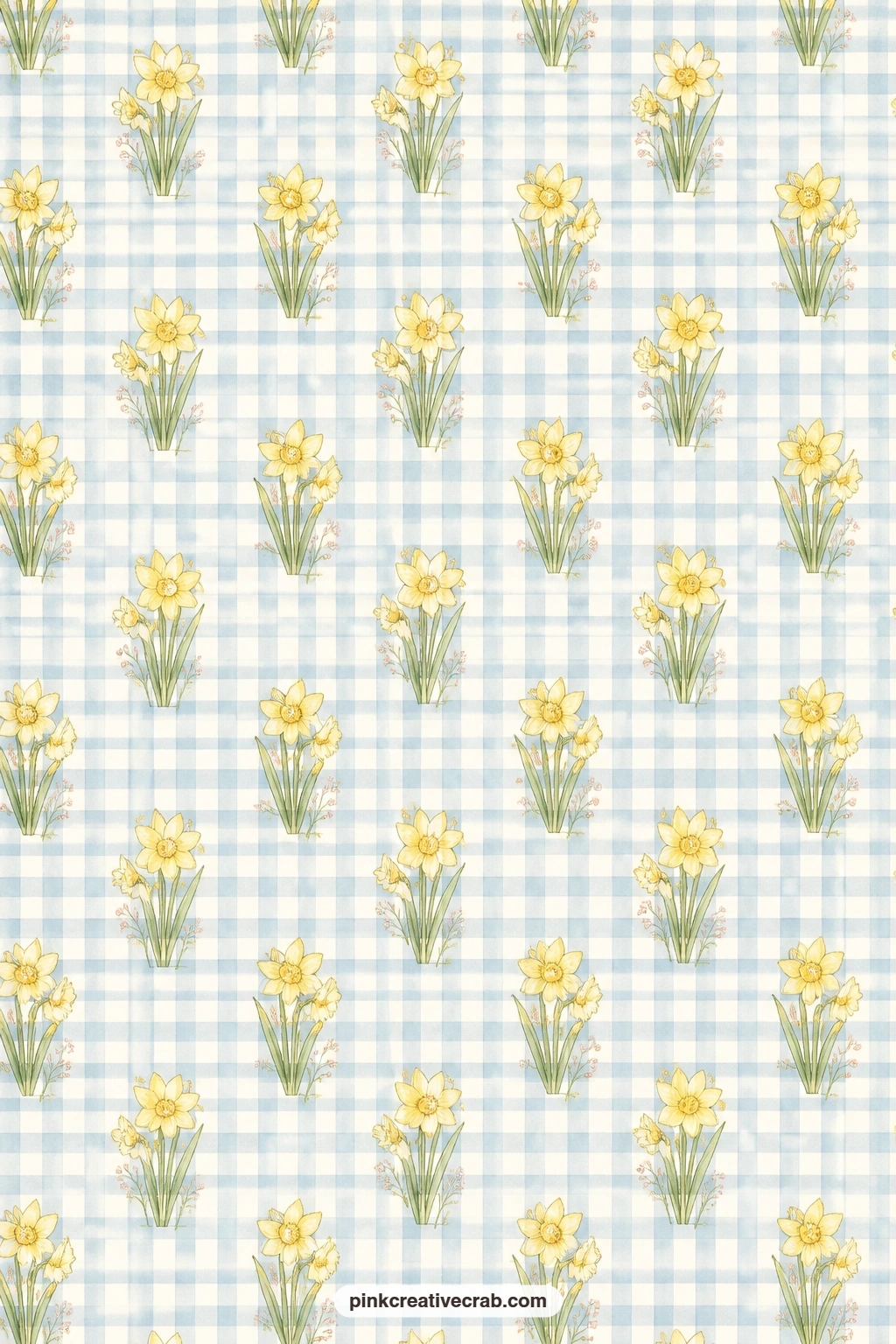 Daffodils And Blue Gingham printable page — Daffodil sprigs sit over a soft blue gingham check that fills the whole sheet. Daffodil junk journal